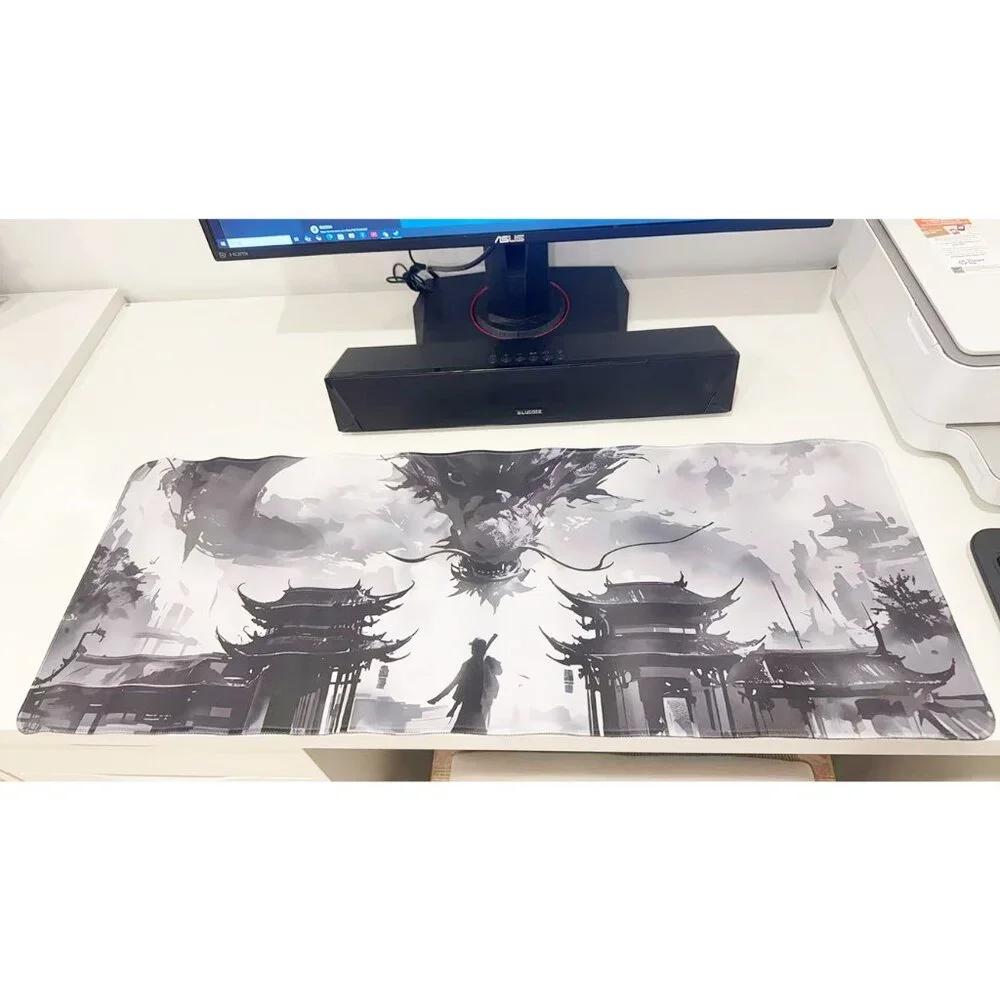 Chinese Ink Style Dark Dragon & Ancient Pavilion Large Gaming Mouse Pad